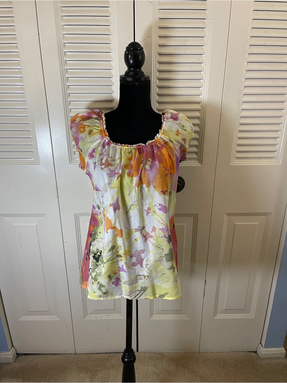 J. Crew Floral Watercolor Puff-Sleeve Top - White, Yellow, Pink, Orange